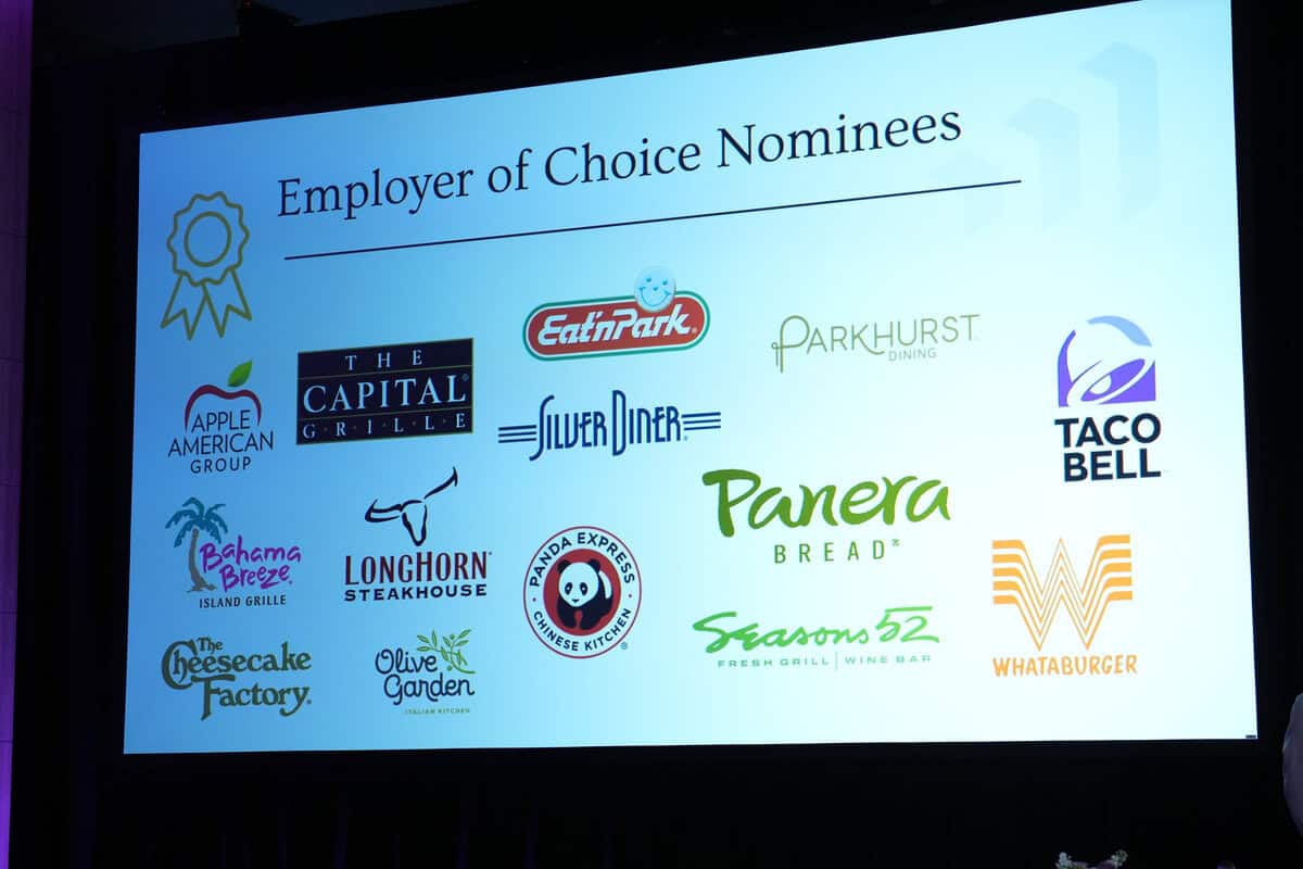 A display screen shows the "Employer of Choice Nominees" with logos of various companies: Eat'n Park, Parkhurst Dining, Taco Bell, Panera Bread, Whataburger, Islands, Apple American Group, The Capital Grille, Bahama Breeze, LongHorn Steakhouse, Panda Express, Seasons 52, Cheesecake Factory, Silver Diner, and Olive Garden.