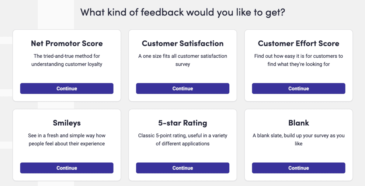 A selection of feedback survey types is displayed in a grid with six options: Net Promoter Score, Customer Satisfaction, Customer Effort Score, Smileys, 5-star Rating, and Blank. Each feedback type includes a brief description and a "Continue" button.