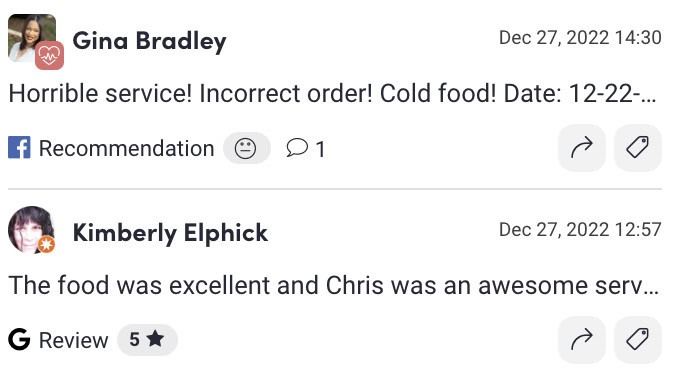 Screenshot of a customer complaint email about service and food quality, mentioning incorrect and cold food ordered on December 22, 2022, at 8:56 p.m. Staff named Quentin and Rachel are involved. An internal note is also visible, suggesting a training opportunity for the staff.