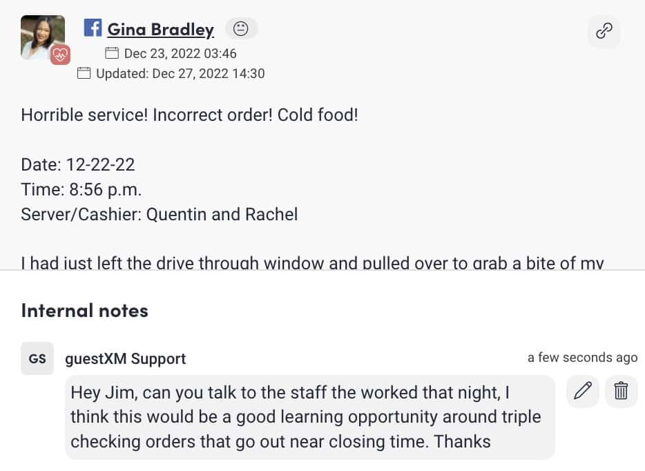 A screenshot of a customer complaint email. The email, sent by Gina Bradley, describes receiving an incorrect and cold order from a restaurant on December 22, 2022, at 8:56 p.m. Internal notes include a message from guestXM Support requesting staff training on order accuracy.