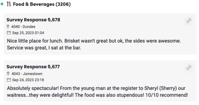 Screenshot of two survey responses under the category "Food & Beverages." The first response praises the place for lunch, especially the sides and service. The second response commends the staff and food, specifically mentioning a waitress named Sheryl, highly recommending the place.