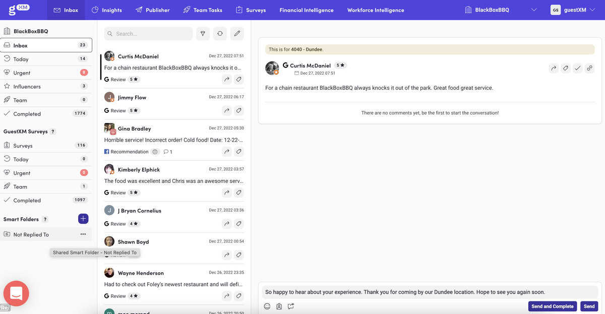 A screenshot of a business communication interface showing an inbox with various messages on the left, a message thread in the middle, and a typed message from a user on the right. The interface is dominated by shades of purple, with white background areas for the messages and inbox.