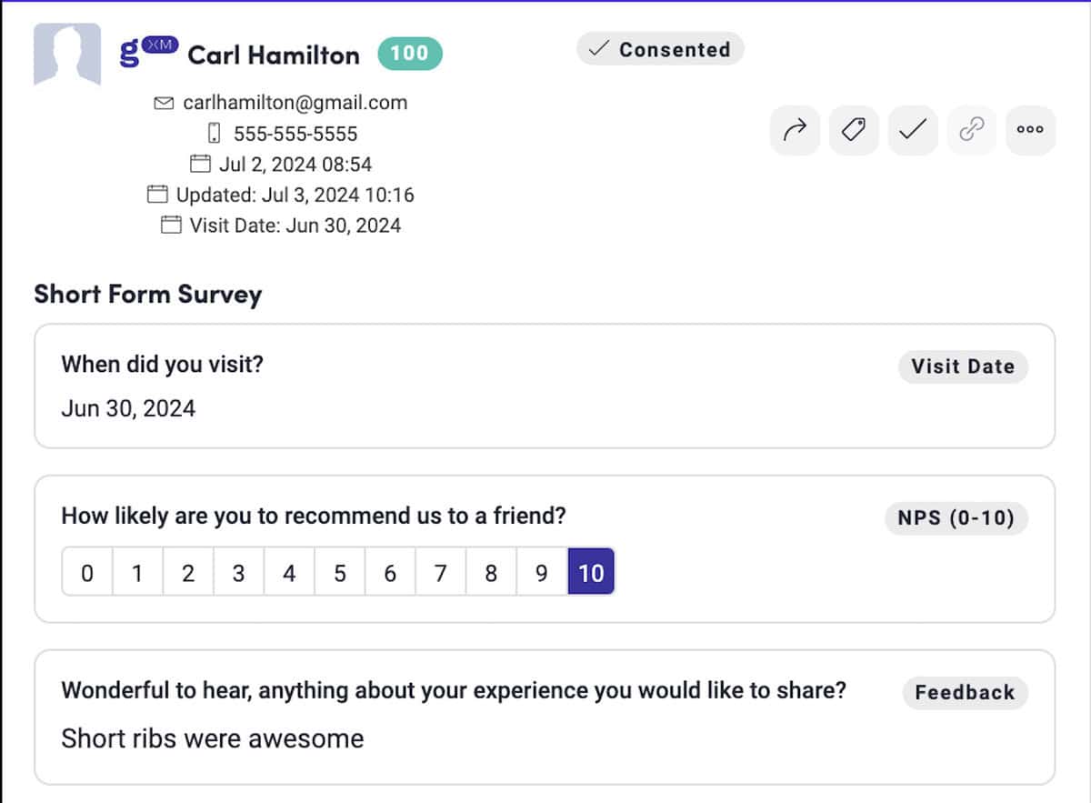 Screenshot of a customer feedback form for "Carl Hamilton," showing contact details, survey questions, and answers. The survey includes visit date ("Jun 30, 2024"), a recommendation rating ("10"), and a comment ("Short ribs were awesome").