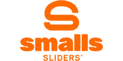 Orange logo for "Smalls Sliders" with a stylized, uppercase "S" above the text. The word "smalls" is in bold, orange lowercase letters, and "SLIDERS" is in smaller, uppercase letters below it. The logo is set against a light gray background.