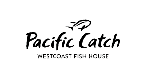Logo for Pacific Catch Westcoast Fish House, featuring a stylized fish above the restaurant name in black text on a gray background.