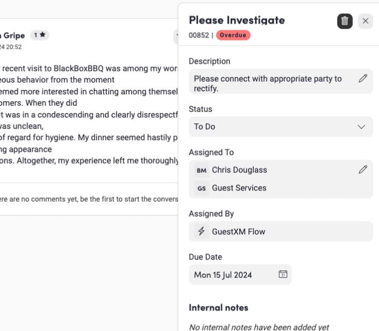 A screenshot of a customer service interface showing a complaint titled "Please Investigate" with a status of "Overdue". The description mentions an unpleasant experience at BlackBoxBBQ. The task is assigned to Chris Douglass from Guest Services, and the due date is Monday, 15 July 2024.