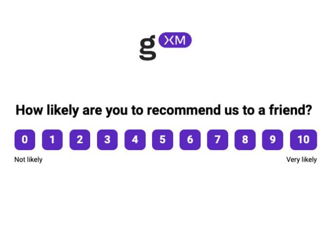 An image displaying a customer satisfaction survey with the gXM logo. The text "How likely are you to recommend us to a friend?" is above a rating scale from 0 to 10, with 0 labeled "Not likely" and 10 labeled "Very likely.