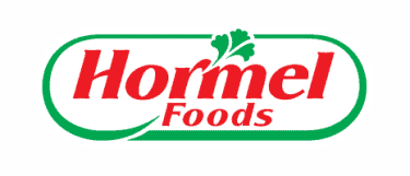 Logo of Hormel Foods featuring the company name in red text. The word "Hormel" is styled with a leaf-like design above the letter "m" and is enclosed in a green oval outline.