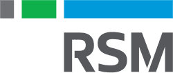 Logo of RSM featuring three colored rectangles in grey, green, and blue, followed by the letters "RSM" in bold, dark grey font.