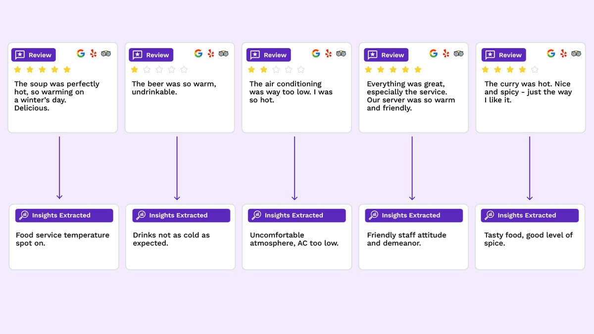 A visual timeline of five customer reviews with corresponding insights extracted. The reviews cover various experiences, like perfect soup temperature and warm beer, with insights highlighting service and atmosphere. Ratings and icons from review platforms are shown.