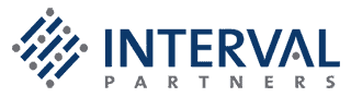 Logo of Interval Partners featuring a geometric design of interconnected lines and dots on the left, followed by the name "INTERVAL PARTNERS" in bold, dark blue letters.