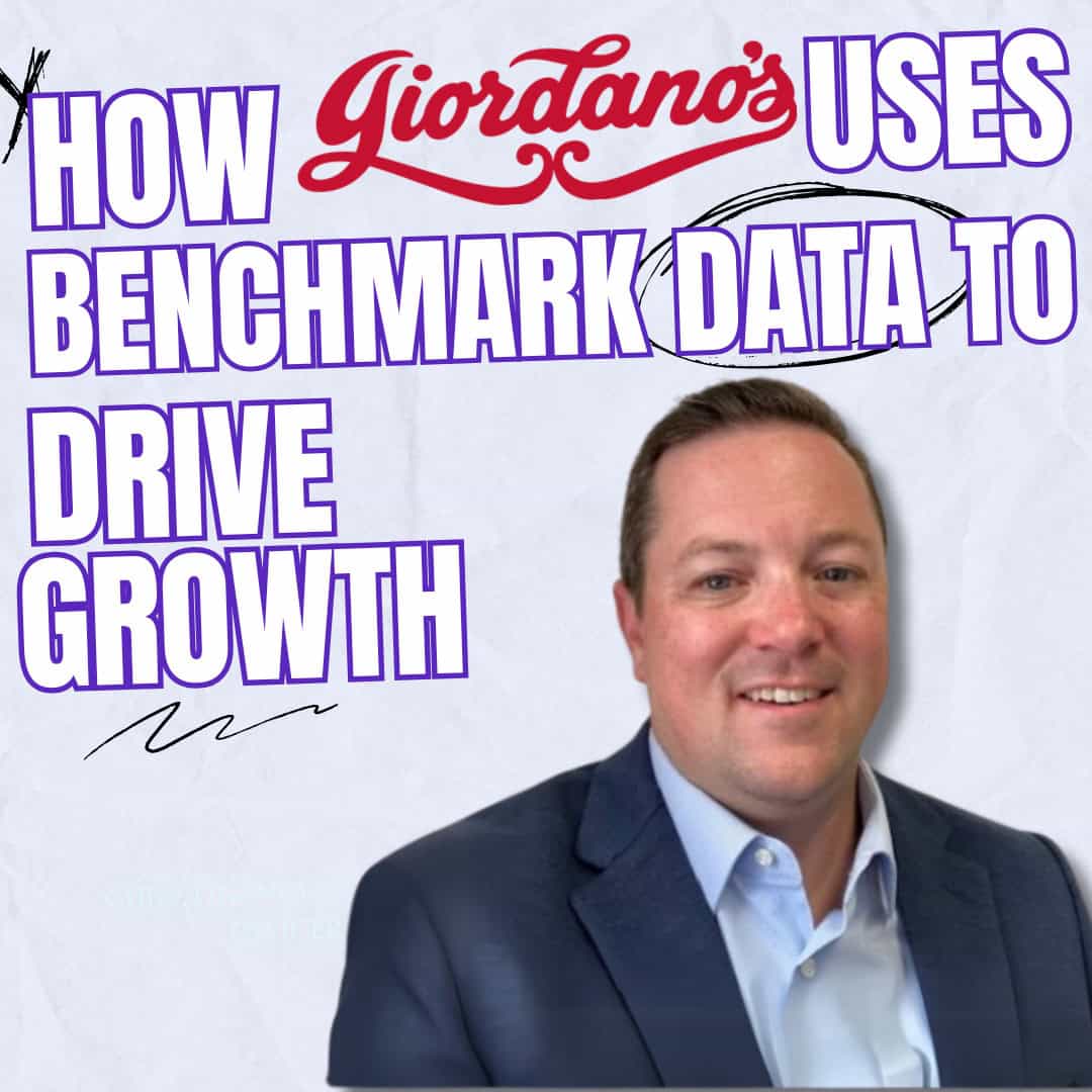 A man in a suit is posed against a crumpled paper background. The text reads, "How Giordano's Uses Benchmark Data to Drive Growth" in bold purple and red letters.