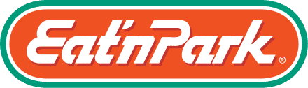 Logo of Eat'n Park featuring the name in white, stylized bold letters on an orange oval background, outlined in green.