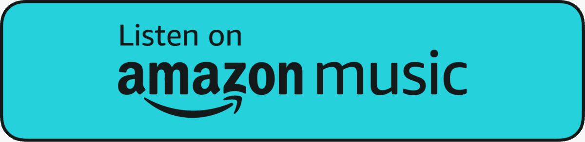 A rectangular blue button with the text "Listen on Amazon Music" in bold black letters. An arrow forms a smile under "Amazon." The button is framed with a thin black border.
