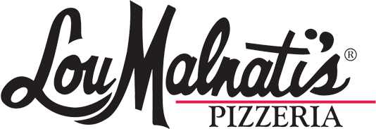 Logo of Lou Malnati's Pizzeria, featuring the name in stylized black script. The word "PIZZERIA" is in uppercase red letters beneath the main text.