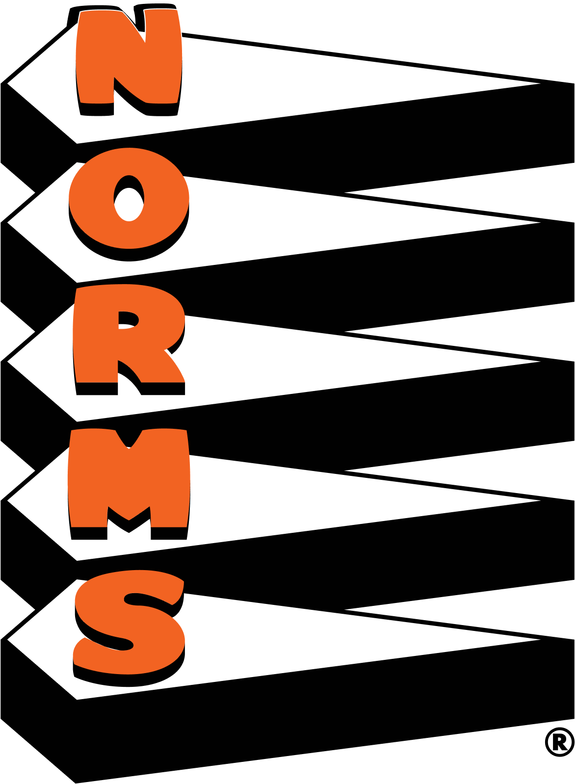 The image features the word "NORMS" in bold, orange letters placed vertically. Each letter points right on a white triangle against a black background.