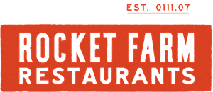 Red logo with "ROCKET FARM RESTAURANTS" in bold, stencil-style white font. A small "EST. 04.14.07" is at the top right.