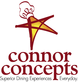 Logo featuring a stylized gold and red star with a chef's hat at the top. Below, the text reads "connor concepts" in red lowercase letters, and "Superior Dining Experiences…Everyday" in smaller gray text.