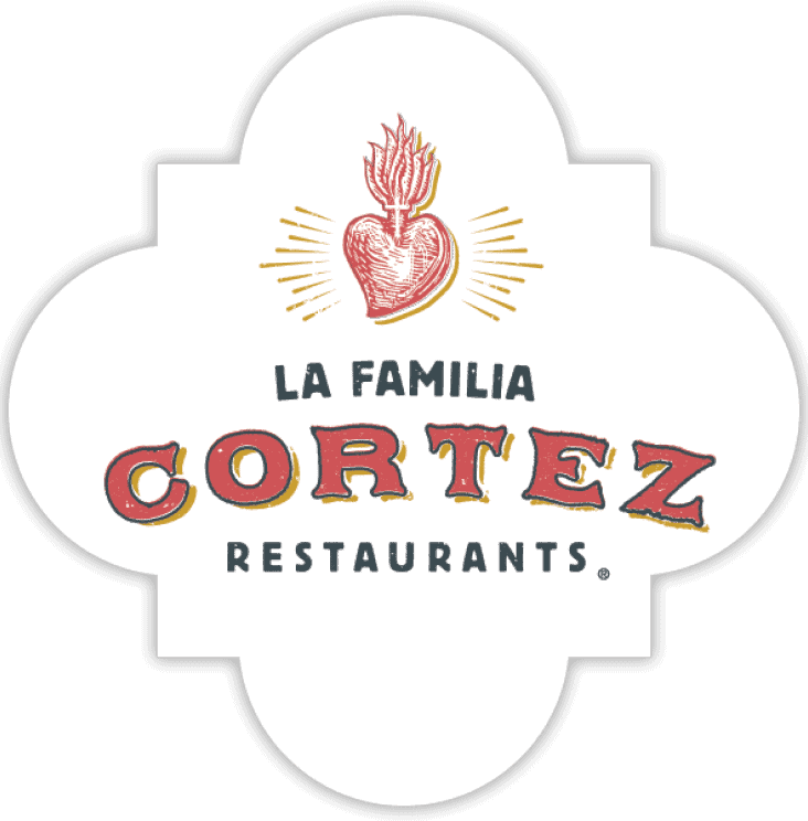 Logo for La Familia Cortez Restaurants featuring a stylized heart with flames and rays, and the text "La Familia Cortez Restaurants" in bold letters.