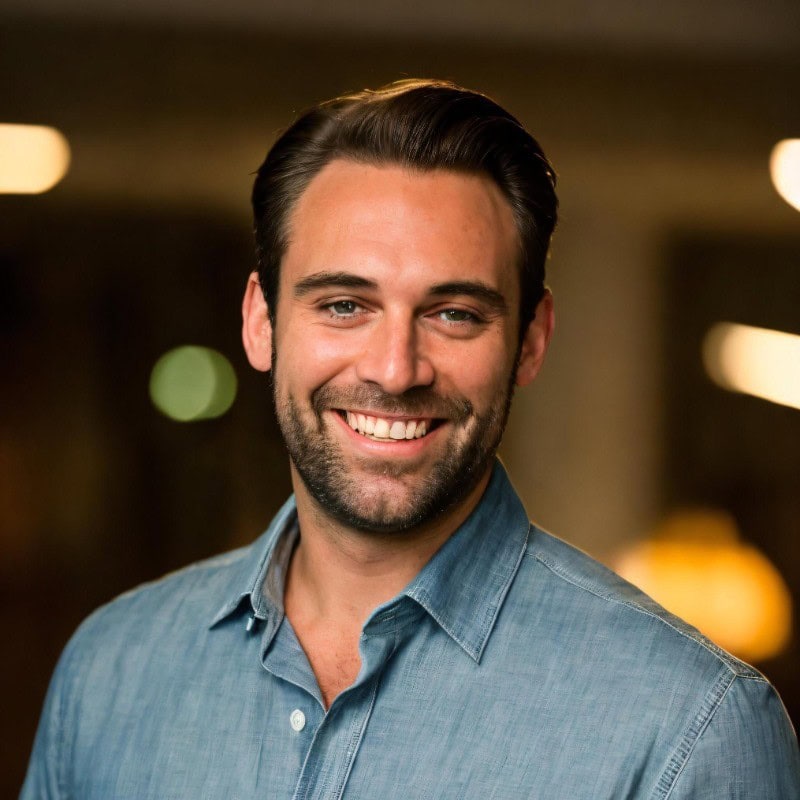 A man with dark hair and a short beard smiles at the camera. He is wearing a light blue button-up shirt and standing in a softly lit indoor setting with blurred lights in the background.