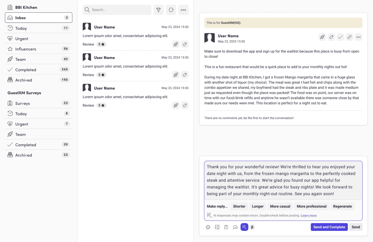 A customer support dashboard displays inbox messages on the left, a selected message with user details and review in the center, and an agent’s response draft on the right with options to reply, comment, or assign the case.