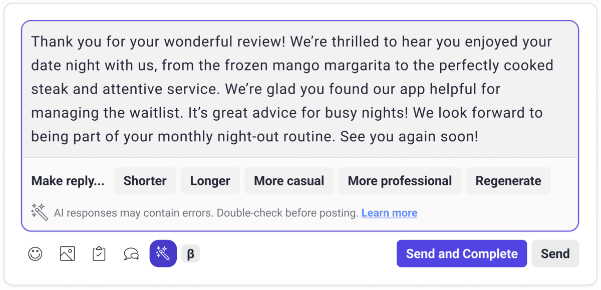 Screenshot of AI-generated response to a restaurant review, highlighting editable options for tone and length.