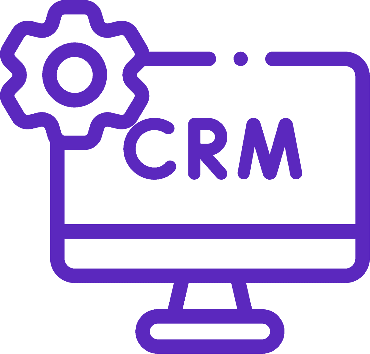 Purple outline icon of a computer monitor displaying the letters "CRM," with a gear symbol partially overlapping the top left corner, representing CRM software settings or configuration.