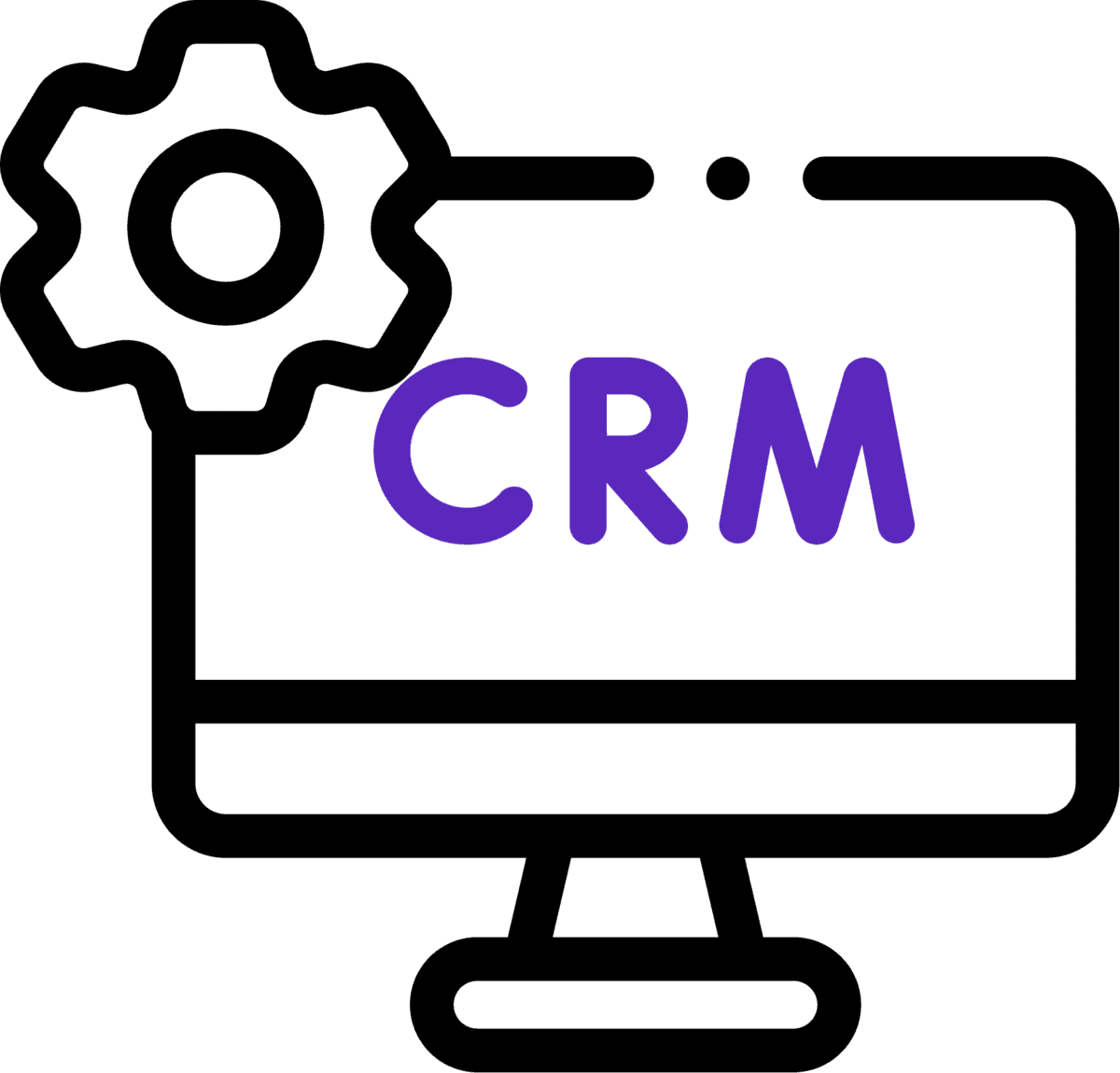 A computer monitor icon with the letters "CRM" in purple on the screen and a black gear symbol at the top left, representing customer relationship management software.