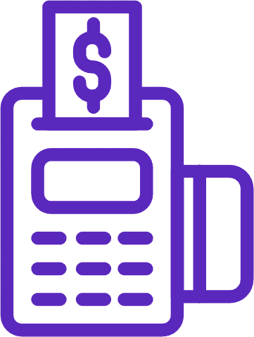 Purple line drawing of a payment terminal with a dollar bill being inserted and a card slot on the side, representing electronic financial transactions.