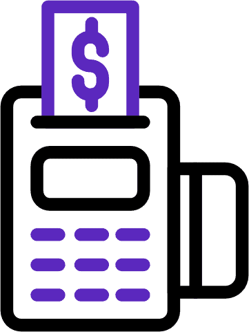Icon of a payment terminal with a dollar bill being inserted, shown in black and purple colors. The terminal has buttons and a slot at the top for the bill.