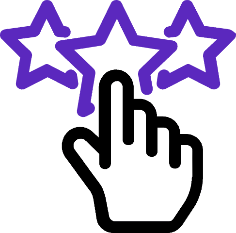 A black outline of a hand with an extended index finger points toward three purple outlined stars, suggesting a rating or review selection. The background is dark.