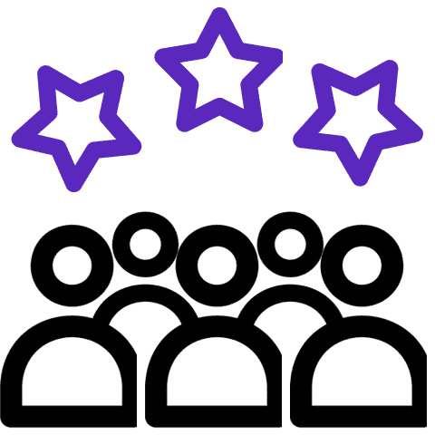 Icon of five people in black outline with three purple stars above them, representing achievement, recognition, or team success.