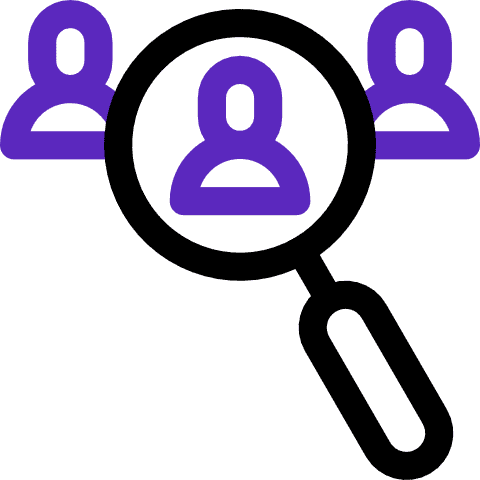 An icon of three outlined people with a magnifying glass focusing on the center person, symbolizing searching for or selecting a candidate or individual from a group.