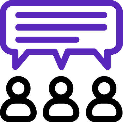Three simple human icons in a row with a large speech bubble containing lines above them, all in dark purple on a lighter purple background, symbolizing group conversation or communication.