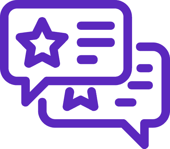 Two overlapping purple speech bubbles, one featuring a star and lines representing text, and the other with a bookmark symbol and lines, on a dark background.