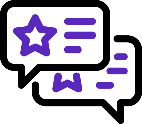 Two overlapping speech bubbles, one with a star and the other with a bookmark symbol, both in purple on a dark background, representing communication or chat features.