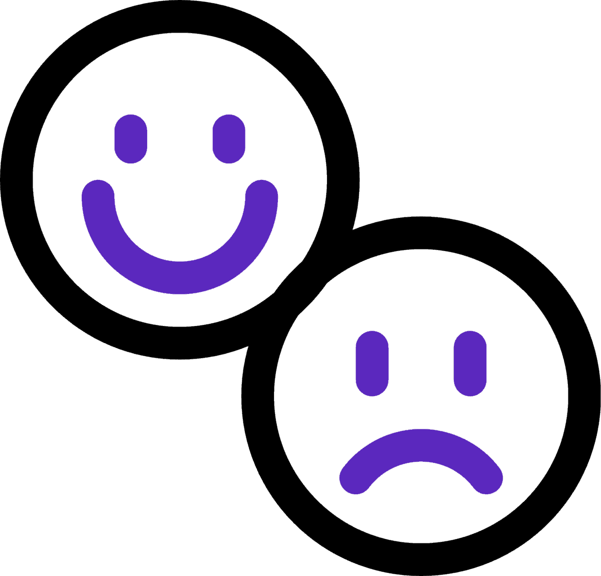 Two overlapping circles: one with a purple happy face, the other with a purple sad face, on a dark background.