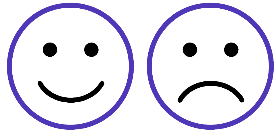 Two outlined faces side by side: the left has a happy expression with a smiling mouth, while the right has a sad expression with a frowning mouth. Both faces are simple and drawn with thick lines.