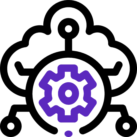 Icon of a cloud with network nodes connected, featuring a gear symbol in the center, representing cloud computing or cloud-based settings and technology. The image uses black and purple lines on a dark background.