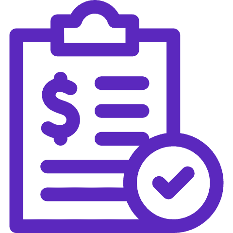 Purple icon of a clipboard with a dollar sign and lines, representing a document or invoice, with a large checkmark in a circle in front, indicating approval or completion.