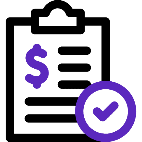 A clipboard with a dollar sign and horizontal lines, symbolizing a financial document, is shown next to a checkmark inside a circle, indicating approval or completion. The image uses dark and purple colors.