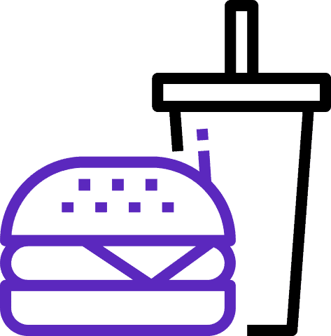 Simple black outline of a burger and a large soft drink cup with a straw, set against a solid purple background.