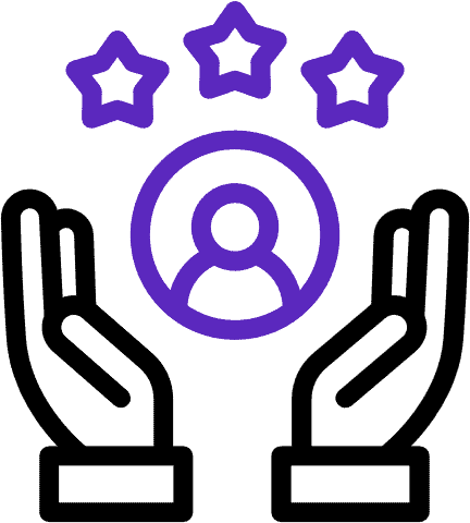 Two open hands surround a person icon with three stars above, symbolizing support, recognition, or customer satisfaction. The design uses purple and black lines on a dark background.
