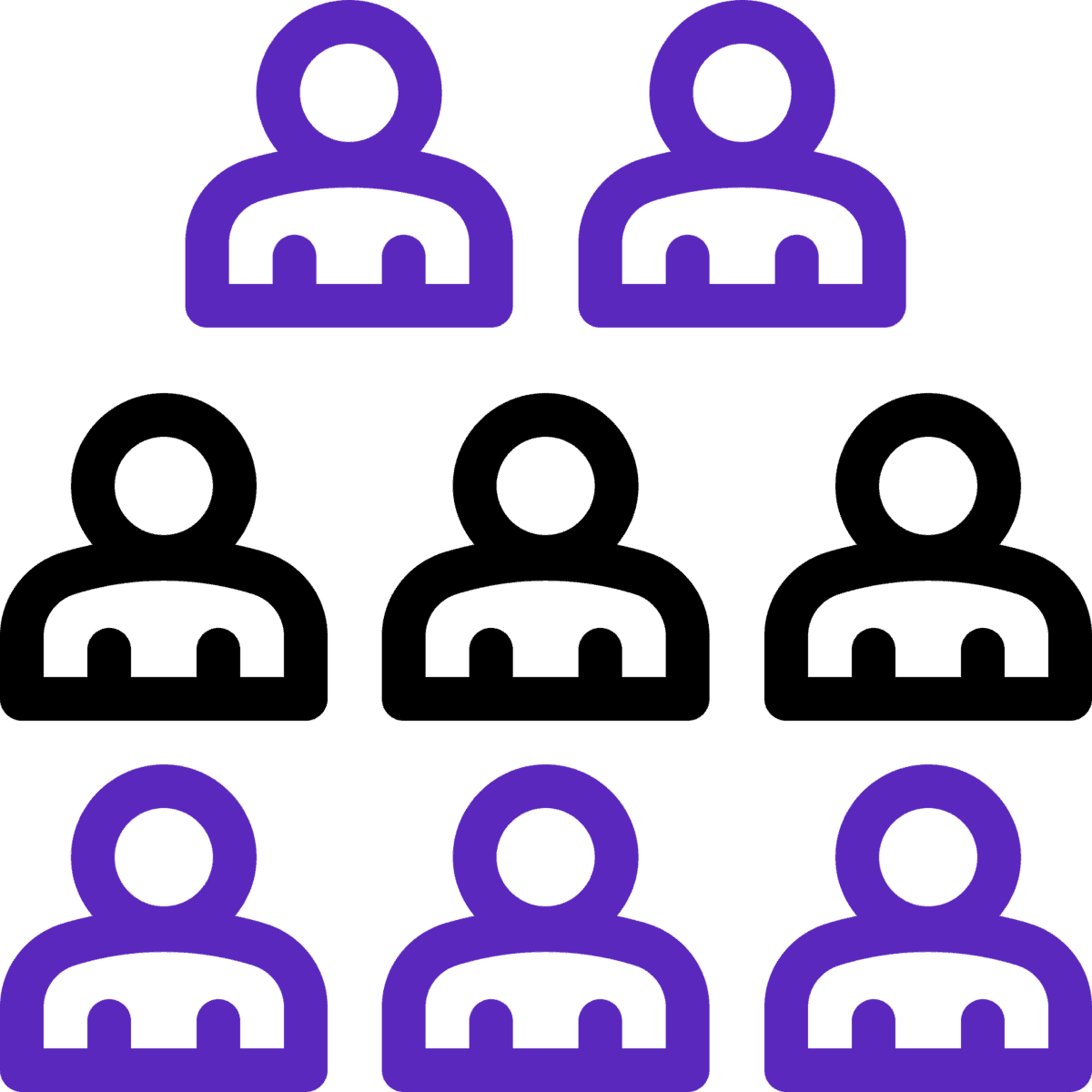 A grid of nine simple human icons; six are outlined in purple and three in black, arranged in three rows with the black icons forming a line in the middle row.