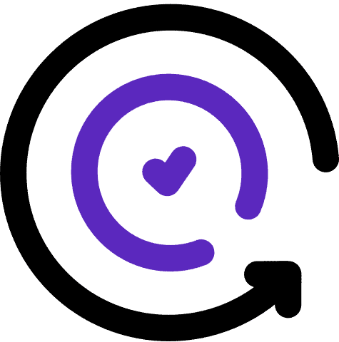 A purple circular arrow with a gap, forming almost a complete circle, surrounds a checkmark in the center, all on a transparent background.