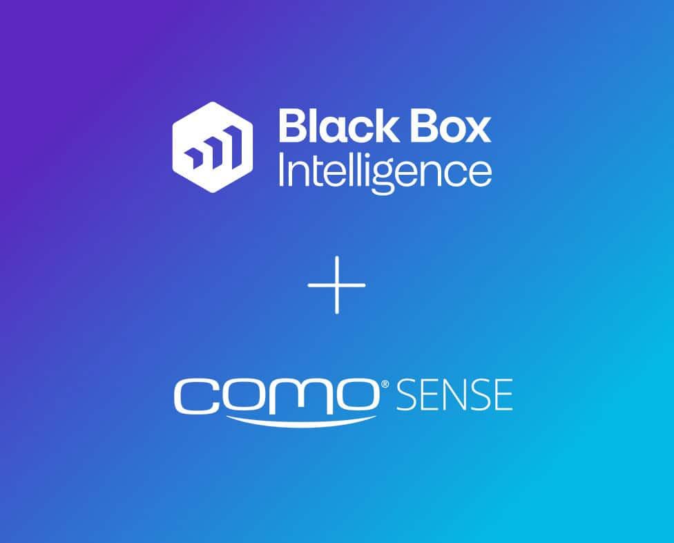 The words "Black Box Intelligence + Como Sense" on a gradient purple and blue background showcases the new partnership and Como Integration