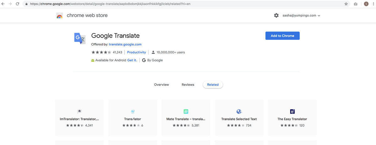 Screenshot of the Google Translate add-on for Chrome on the Web Store, showing its icon, 4.6-star rating, over 10 million users, “Add to Chrome” button, and related chrome plugin translate suggestions below.