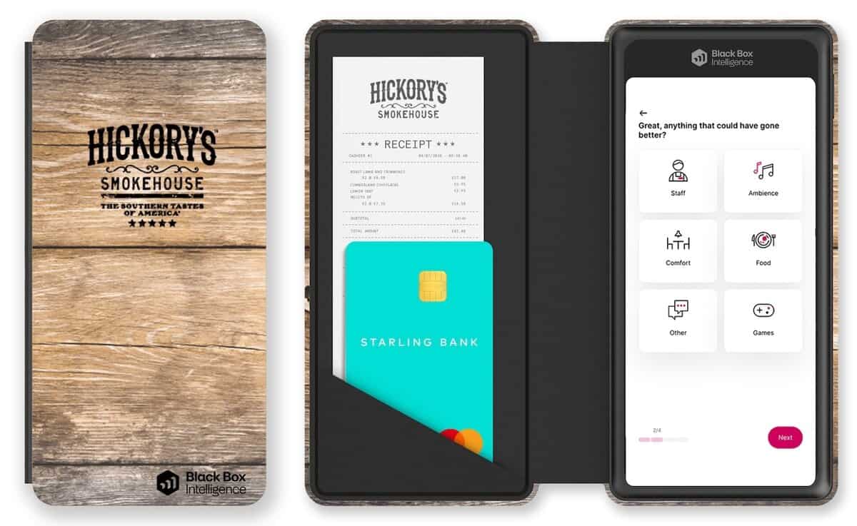 A digital payment wallet branded with "Hickory's Smokehouse" displays a virtual receipt, a Starling Bank card, and a customer feedback survey for restaurants with options for Staff, Ambience, Food, Other, and Games on a mobile device.