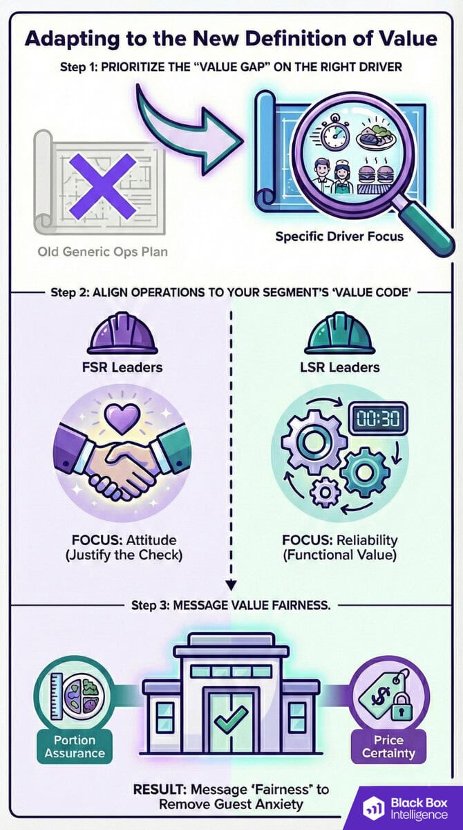 An infographic titled "Adapting to the New Definition of Value" shows three steps: prioritizing key value drivers, aligning operations to leaders with focus areas, and messaging value fairness, leading to fairness in both portion and price.