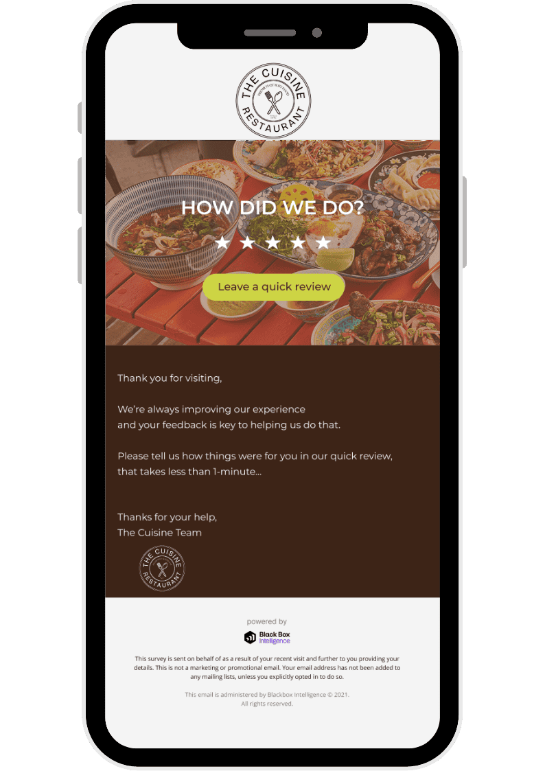 A smartphone screen displays a feedback request email from The Cuisine Restaurant, featuring dishes on a table, a "Leave a quick review" button, and a thank you message inviting guests to join the Restaurant Survey Collection.
